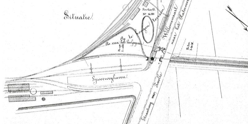 1. Zwolle Veerallee 1871, tekening omgeving spoorbrug met noodbrug
