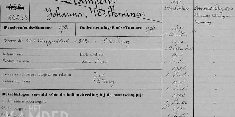 2c. Gedeelte van het personeelsformulier van Johanna Willemina Kampen
