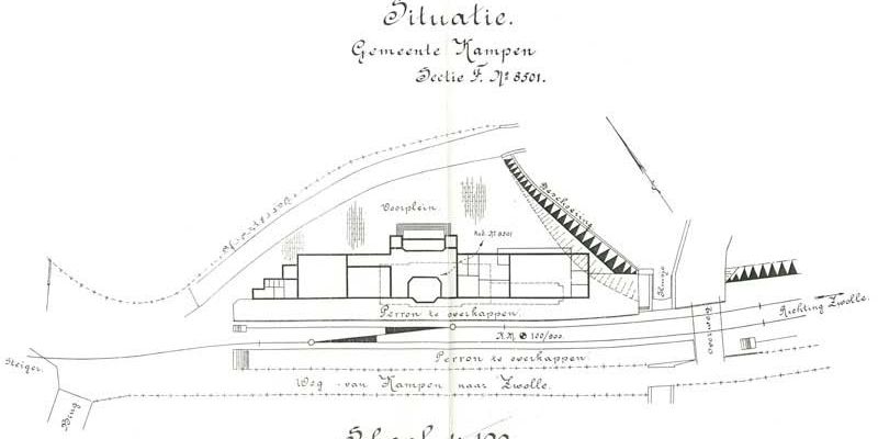 3. Tekening nieuw station Kampen 1911 met de gestippelde omtrek van het oude station