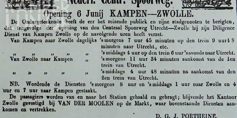 4a. Diligencedienst tussen Kampen en Zwolle ingaande op 6 juni 1864 als voortzetting van de dienstregeling naar Hattemerbroek uit 1863