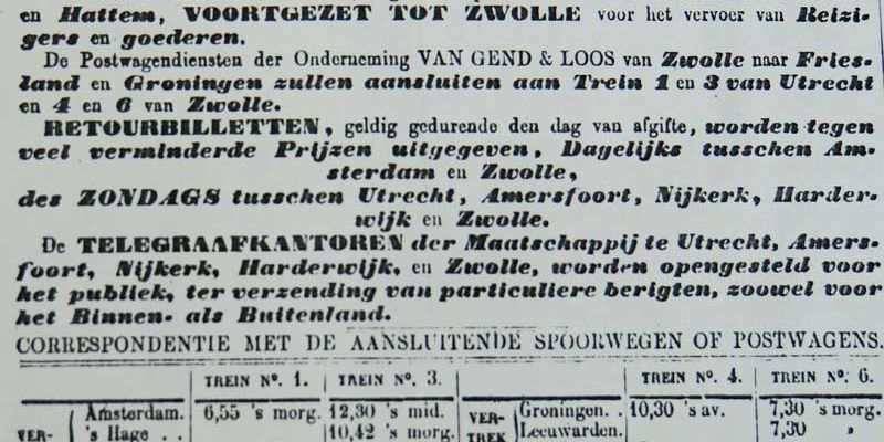 4. De zomerdienstregeling voor reizigers en goederen 1864 bij de opening van de spoorlijn van Utrecht tot Zwolle, ingaande 6 juni 1864